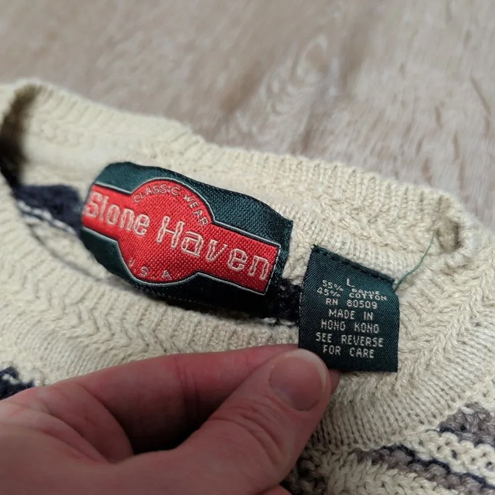 Vintage Stone Haven Mens Striped Textured Knit Ramie‎ Cotton Sweater Beige Large